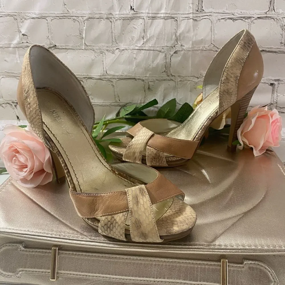 Nine West Tan snake print Peep-Toe Heels